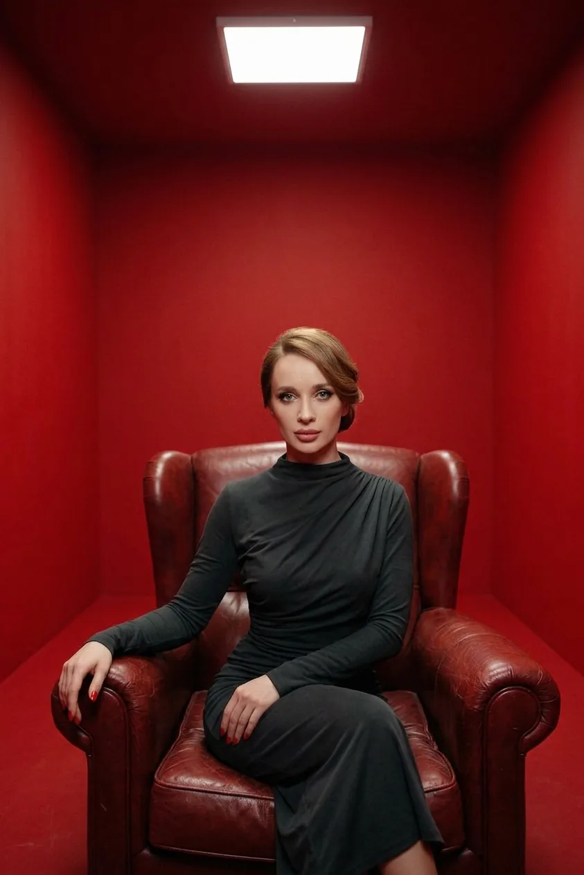 Домінування у стосунках — жіночий погляд. Впевнена жінка в червоній кімнаті сидить і дивиться прямо в камеру.